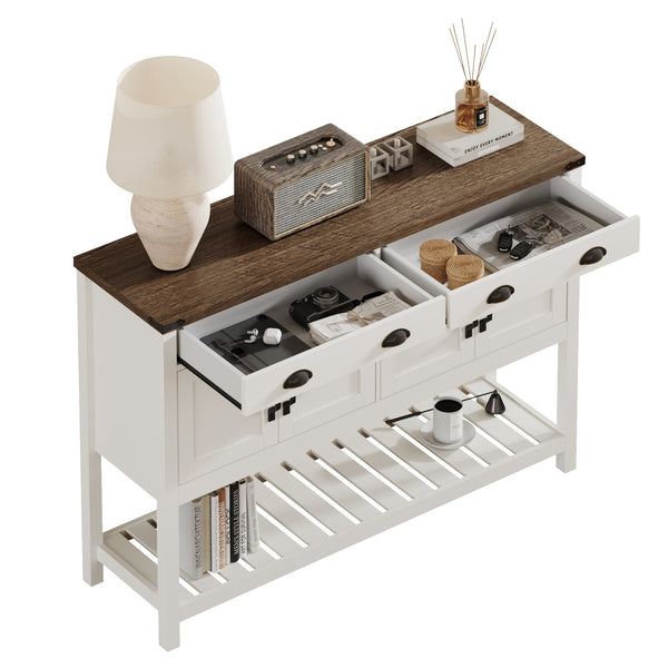 English Elm 47'' Modern Farmhouse Console Storage Table with Two Drawers Four-Door Cabinet and Slatted Shelf for Entryway Living Room Organization and Display Brown,Soft White T3771P372058