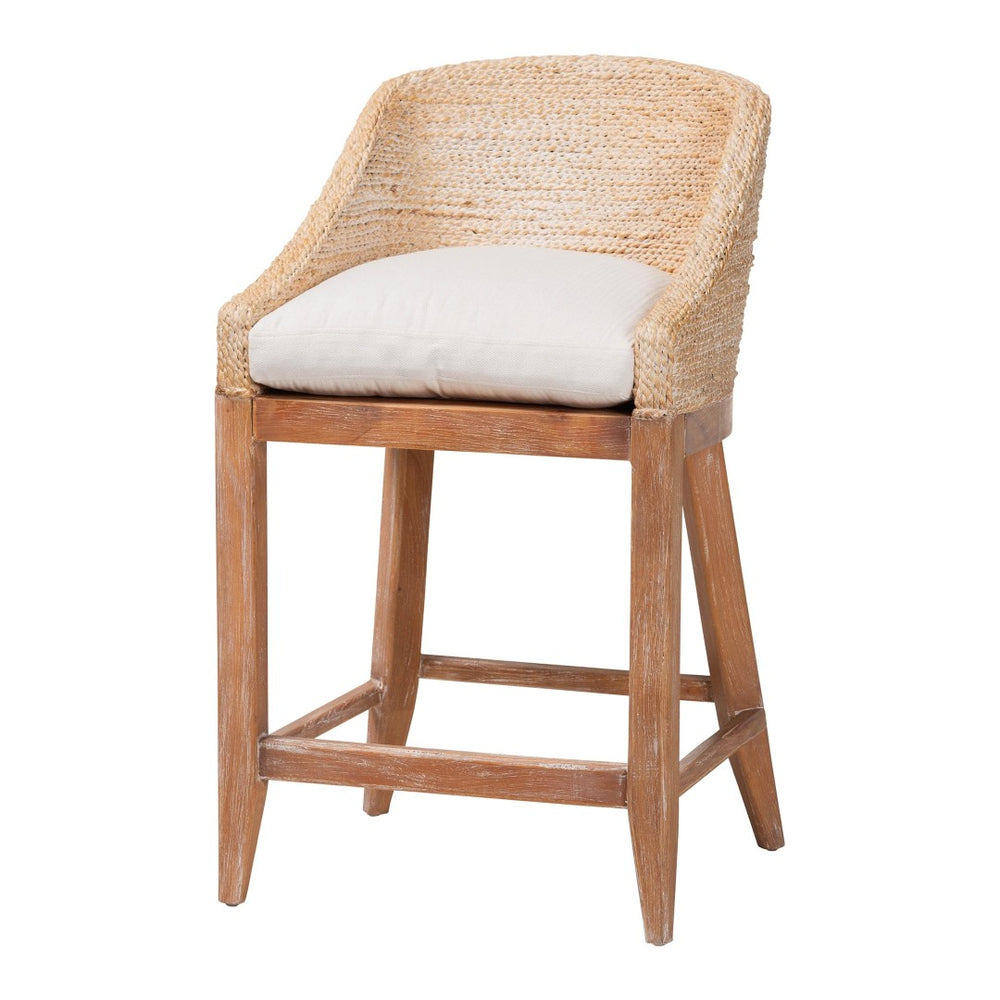 Baxton Studio bali Jasper Seagrass Counter Stool - Stylish Wingback Design with Mahogany Frame for Coastal Charm MD-39837 Jasper-White Wash-Cushion-CS