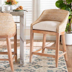 Baxton Studio bali Jasper Seagrass Counter Stool - Stylish Wingback Design with Mahogany Frame for Coastal Charm MD-39837 Jasper-White Wash-Cushion-CS