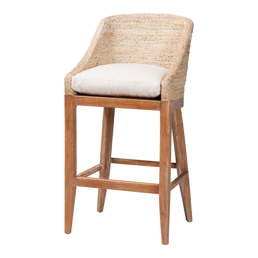 Baxton Studio bali Bali Jasper Seagrass Bar Stool - Handwoven Comfort with Mahogany Frame & Wingback Design in Whitewash MD-39838 Jasper-White Wash-Cushion-BS