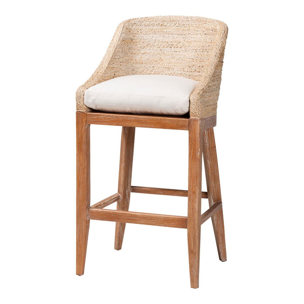 Baxton Studio bali Bali Jasper Seagrass Bar Stool - Handwoven Comfort with Mahogany Frame & Wingback Design in Whitewash MD-39838 Jasper-White Wash-Cushion-BS