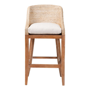 Baxton Studio bali Bali Jasper Seagrass Bar Stool - Handwoven Comfort with Mahogany Frame & Wingback Design in Whitewash MD-39838 Jasper-White Wash-Cushion-BS