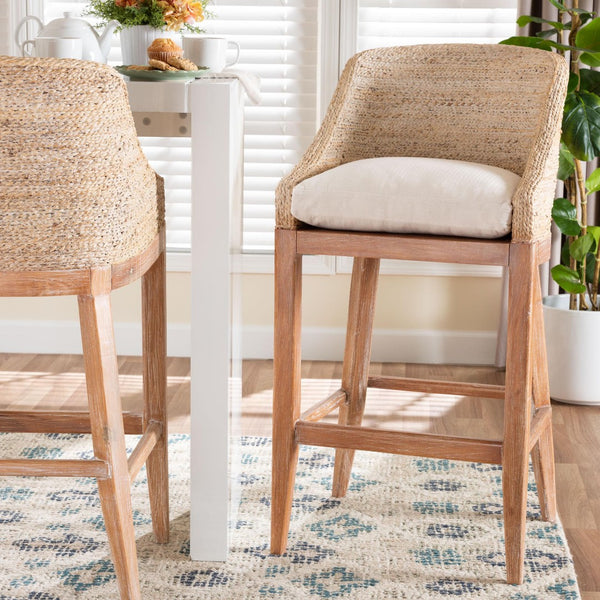 Baxton Studio bali Bali Jasper Seagrass Bar Stool - Handwoven Comfort with Mahogany Frame & Wingback Design in Whitewash MD-39838 Jasper-White Wash-Cushion-BS
