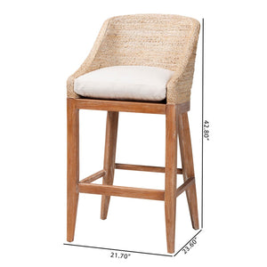 Baxton Studio bali Bali Jasper Seagrass Bar Stool - Handwoven Comfort with Mahogany Frame & Wingback Design in Whitewash MD-39838 Jasper-White Wash-Cushion-BS