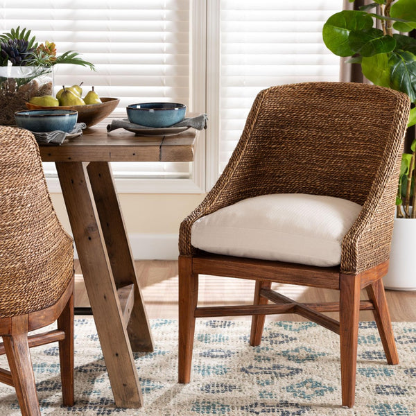 Baxton Studio bali Bali Jasper Seagrass Dining Chair - Handwoven Coastal Accent with Mahogany Frame & Cushioned Seat MD-39836 Jasper-Brown Wash-Cushion-DC