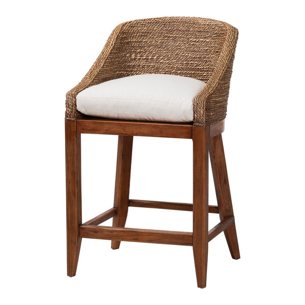 Baxton Studio bali Seagrass Counter Stool with Wingback & Cushioned Seat - Coastal Mahogany Frame for Kitchen Use MD-39837 Jasper-Brown Wash-Cushion-CS