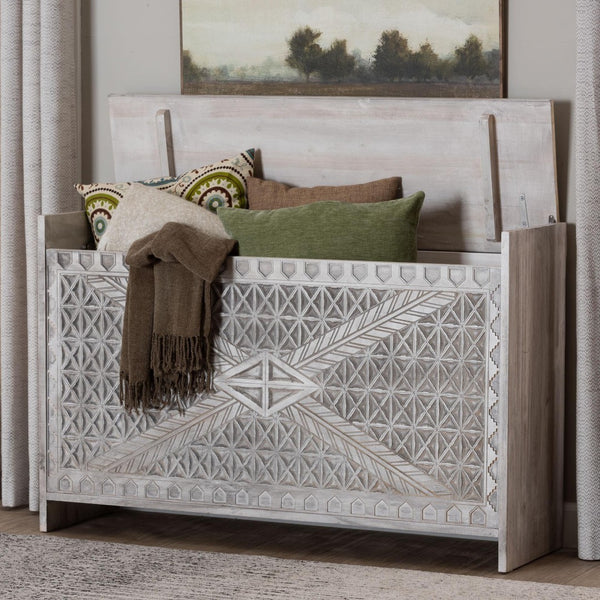Baxton Studio bali Amado Wood Storage Trunk - Vintage Boho Style with Carved Front, Whitewashed Pine & Hidden Storage Amado-White Wash-Wooden-Bench-Boxed