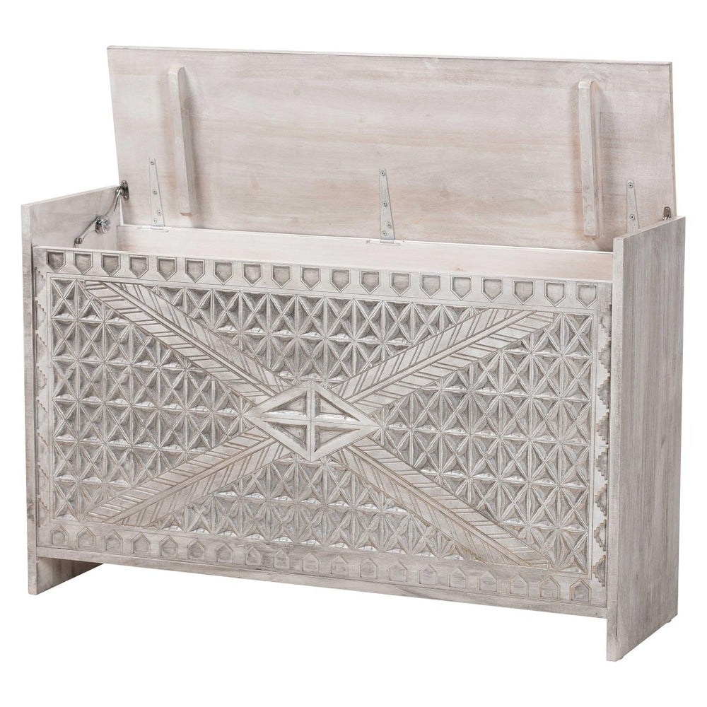 Baxton Studio bali Amado Wood Storage Trunk - Vintage Boho Style with Carved Front, Whitewashed Pine & Hidden Storage Amado-White Wash-Wooden-Bench-Boxed