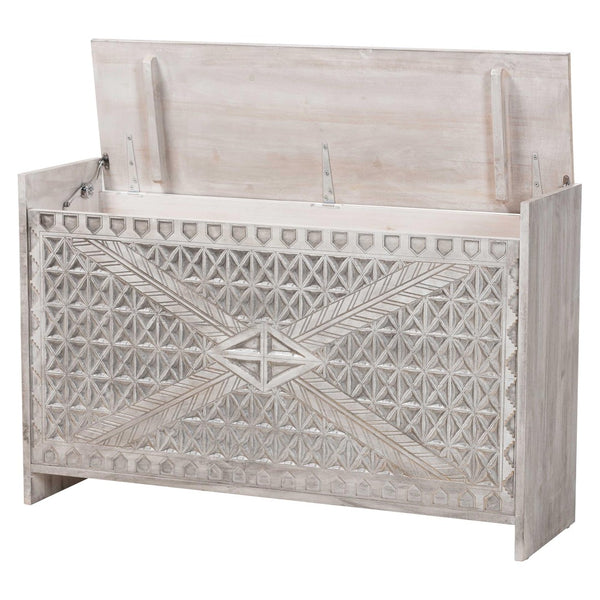 Baxton Studio bali Amado Wood Storage Trunk - Vintage Boho Style with Carved Front, Whitewashed Pine & Hidden Storage Amado-White Wash-Wooden-Bench-Boxed