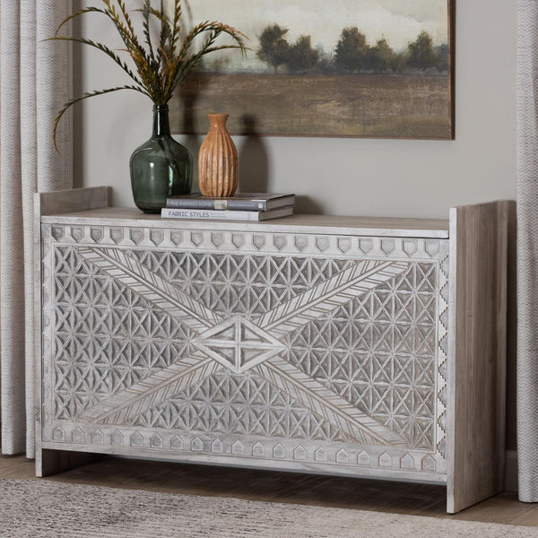 Baxton Studio bali Amado Wood Storage Trunk - Vintage Boho Style with Carved Front, Whitewashed Pine & Hidden Storage Amado-White Wash-Wooden-Bench-Boxed