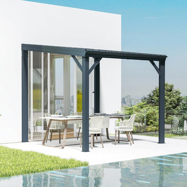 English Elm 8' 8 Ft Hardtop Lean to Pergola with Galvanized Steel Roof and Drainage for Patio Deck Gray W1859S00191