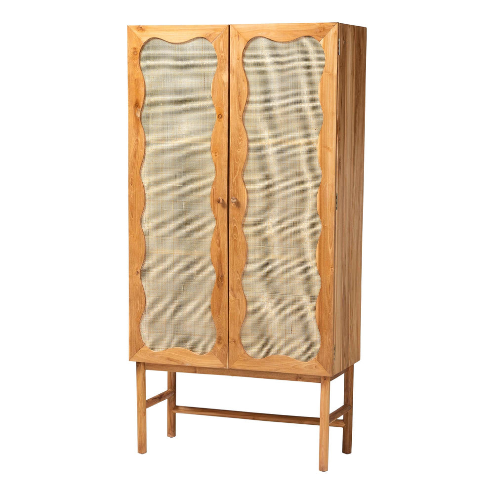 Baxton Studio Bali Augusto Teak Wood Cabinet - 2-Door Woven Rattan Organizer, Sculptural Boho Storage For Home Augusto-Wood/Webbing-Cabinet-KD-Box