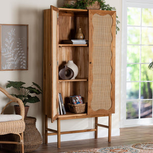 Baxton Studio Bali Augusto Teak Wood Cabinet - 2-Door Woven Rattan Organizer, Sculptural Boho Storage For Home Augusto-Wood/Webbing-Cabinet-KD-Box