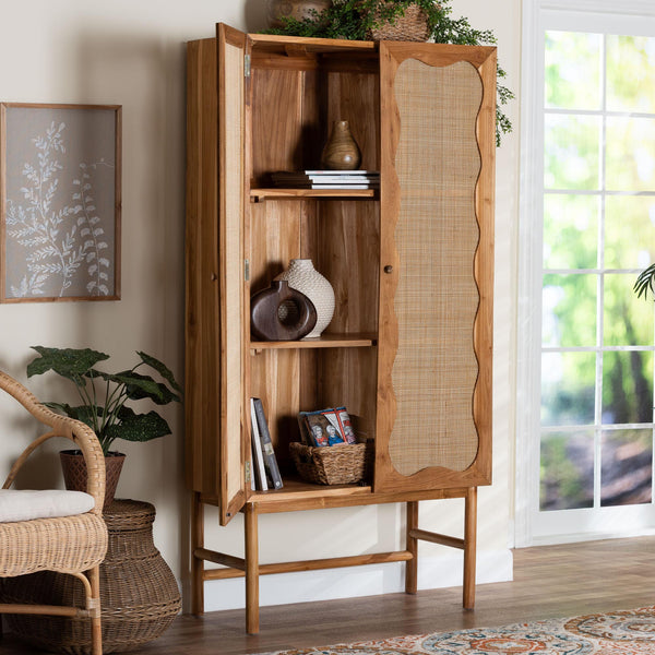 Baxton Studio Bali Augusto Teak Wood Cabinet - 2-Door Woven Rattan Organizer, Sculptural Boho Storage For Home Augusto-Wood/Webbing-Cabinet-KD-Box