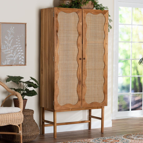 Baxton Studio Bali Augusto Teak Wood Cabinet - 2-Door Woven Rattan Organizer, Sculptural Boho Storage For Home Augusto-Wood/Webbing-Cabinet-KD-Box