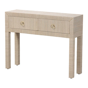 Baxton Studio bali Noah Grasscloth Console Table - Chic 2-Drawer Entryway Accent with Gold Ring Pulls, Beige Finish Noah 2 DW-Beige-Grasscloth-Console Table
