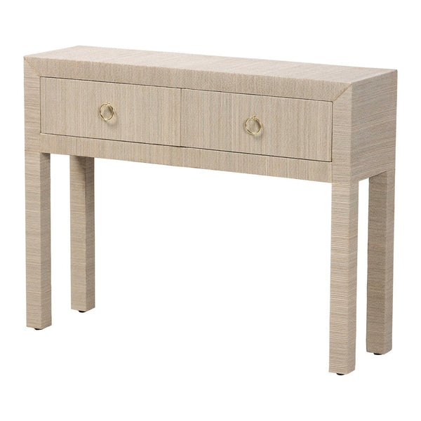 Baxton Studio bali Noah Grasscloth Console Table - Chic 2-Drawer Entryway Accent with Gold Ring Pulls, Beige Finish Noah 2 DW-Beige-Grasscloth-Console Table