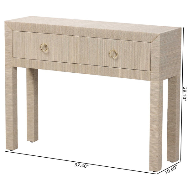 Baxton Studio bali Noah Grasscloth Console Table - Chic 2-Drawer Entryway Accent with Gold Ring Pulls, Beige Finish Noah 2 DW-Beige-Grasscloth-Console Table