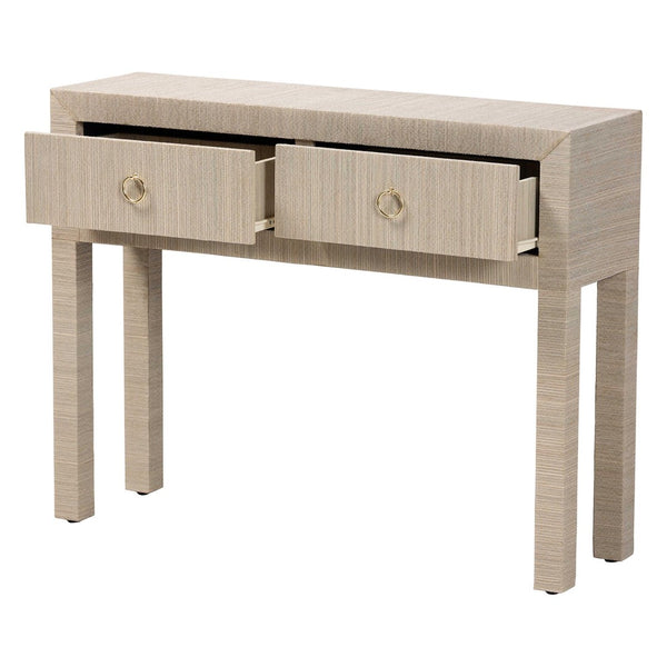 Baxton Studio bali Noah Grasscloth Console Table - Chic 2-Drawer Entryway Accent with Gold Ring Pulls, Beige Finish Noah 2 DW-Beige-Grasscloth-Console Table