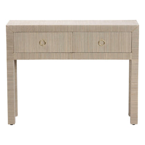 Baxton Studio bali Noah Grasscloth Console Table - Chic 2-Drawer Entryway Accent with Gold Ring Pulls, Beige Finish Noah 2 DW-Beige-Grasscloth-Console Table