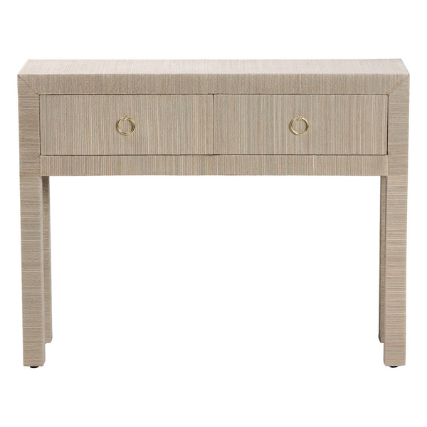 Baxton Studio bali Noah Grasscloth Console Table - Chic 2-Drawer Entryway Accent with Gold Ring Pulls, Beige Finish Noah 2 DW-Beige-Grasscloth-Console Table