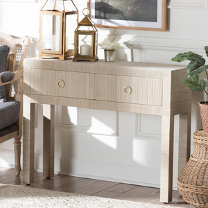 Baxton Studio bali Noah Grasscloth Console Table - Chic 2-Drawer Entryway Accent with Gold Ring Pulls, Beige Finish Noah 2 DW-Beige-Grasscloth-Console Table