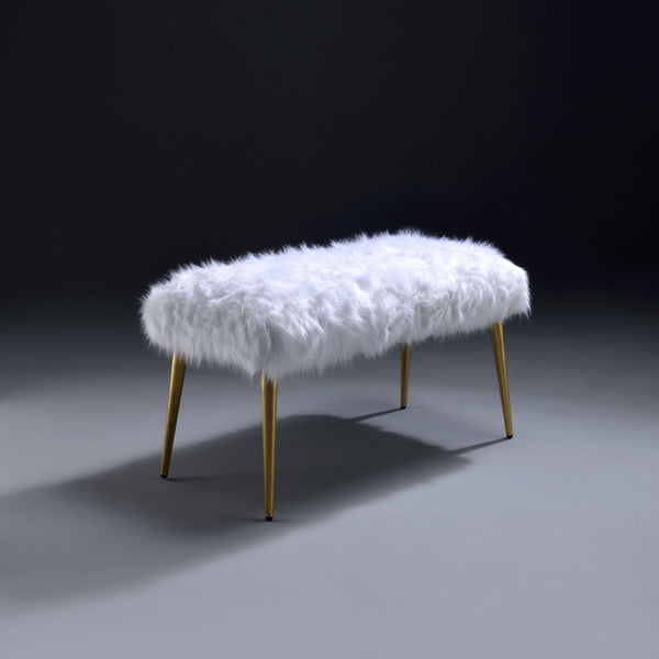 English Elm White Faux Fur And Gold Metal Bench - Modern Glam Accent For Entryway, Bedroom, Or Living Room B062P189115-GIGA