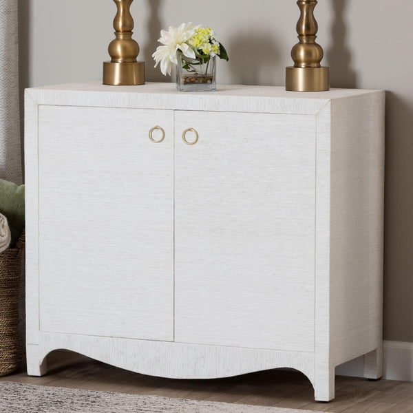 Baxton Studio bali Ximena Handwoven Grasscloth Storage Cabinet - Chic 2-Door Accent Piece with Gold Pulls for Any Space Ximena-2 Door-White-Cabinet