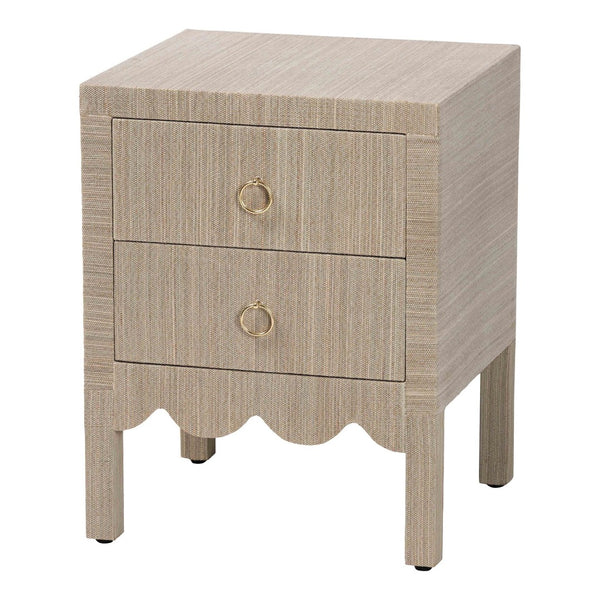 Baxton Studio bali Juniper Grasscloth Nightstand - Elegant 2-Drawer Bedside Table with Gold Pulls & Scalloped Base Juniper-Scalloped-Beige-NS