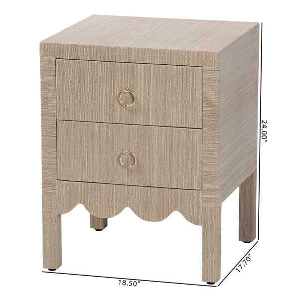 Baxton Studio bali Juniper Grasscloth Nightstand - Elegant 2-Drawer Bedside Table with Gold Pulls & Scalloped Base Juniper-Scalloped-Beige-NS