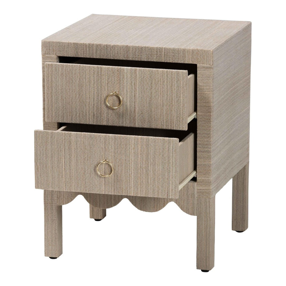 Baxton Studio bali Juniper Grasscloth Nightstand - Elegant 2-Drawer Bedside Table with Gold Pulls & Scalloped Base Juniper-Scalloped-Beige-NS