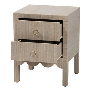 Baxton Studio bali Juniper Grasscloth Nightstand - Elegant 2-Drawer Bedside Table with Gold Pulls & Scalloped Base Juniper-Scalloped-Beige-NS
