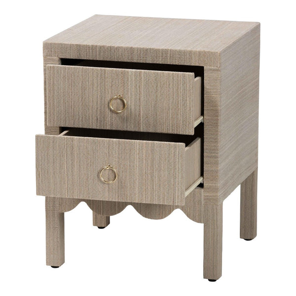 Baxton Studio bali Juniper Grasscloth Nightstand - Elegant 2-Drawer Bedside Table with Gold Pulls & Scalloped Base Juniper-Scalloped-Beige-NS