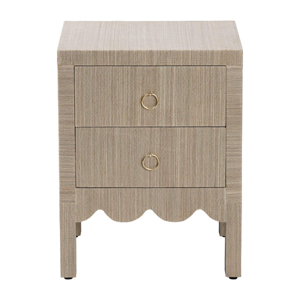 Baxton Studio bali Juniper Grasscloth Nightstand - Elegant 2-Drawer Bedside Table with Gold Pulls & Scalloped Base Juniper-Scalloped-Beige-NS