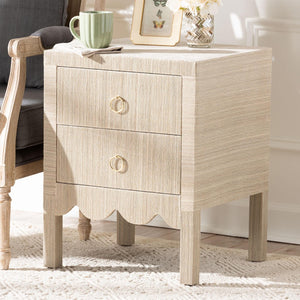 Baxton Studio bali Juniper Grasscloth Nightstand - Elegant 2-Drawer Bedside Table with Gold Pulls & Scalloped Base Juniper-Scalloped-Beige-NS
