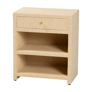 Baxton Studio bali William Grasscloth Nightstand - Coastal 1-Drawer Bedside Table with Gold Knob & Open Shelves William-Light Brown-Woven Grasscloth-NS