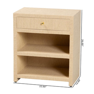 Baxton Studio bali William Grasscloth Nightstand - Coastal 1-Drawer Bedside Table with Gold Knob & Open Shelves William-Light Brown-Woven Grasscloth-NS