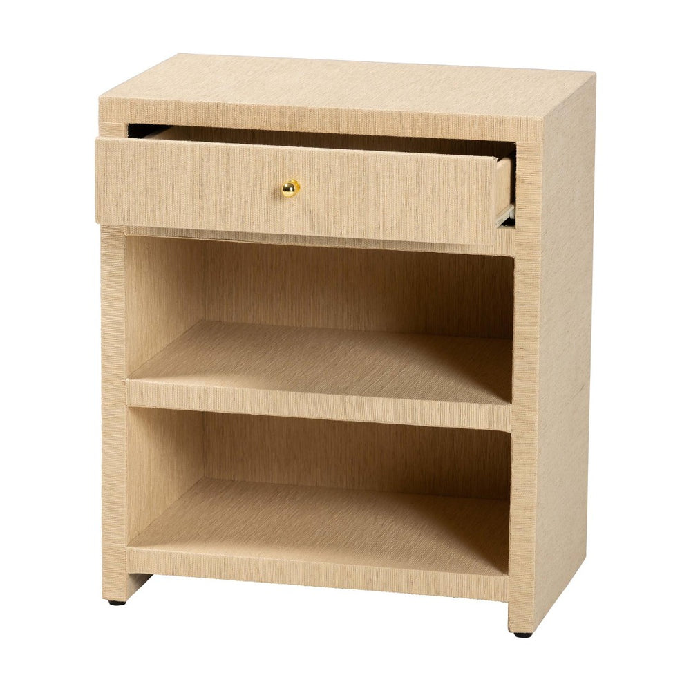 Baxton Studio bali William Grasscloth Nightstand - Coastal 1-Drawer Bedside Table with Gold Knob & Open Shelves William-Light Brown-Woven Grasscloth-NS