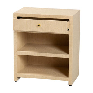 Baxton Studio bali William Grasscloth Nightstand - Coastal 1-Drawer Bedside Table with Gold Knob & Open Shelves William-Light Brown-Woven Grasscloth-NS