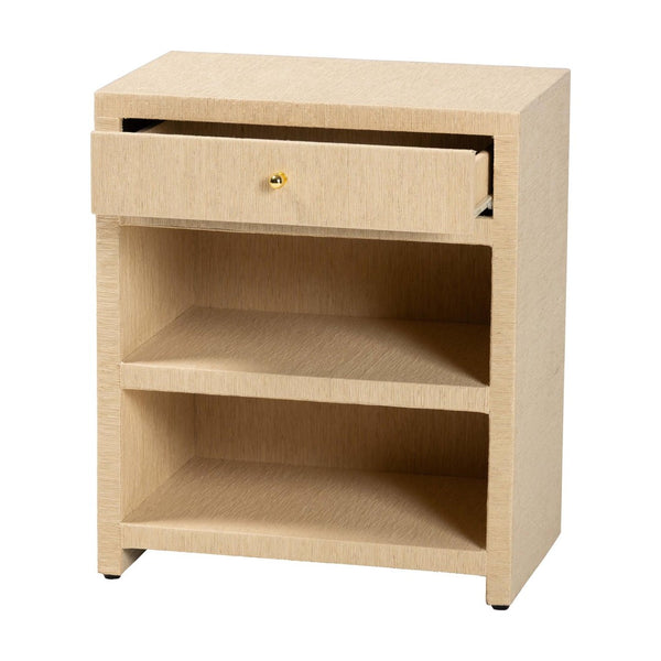 Baxton Studio bali William Grasscloth Nightstand - Coastal 1-Drawer Bedside Table with Gold Knob & Open Shelves William-Light Brown-Woven Grasscloth-NS