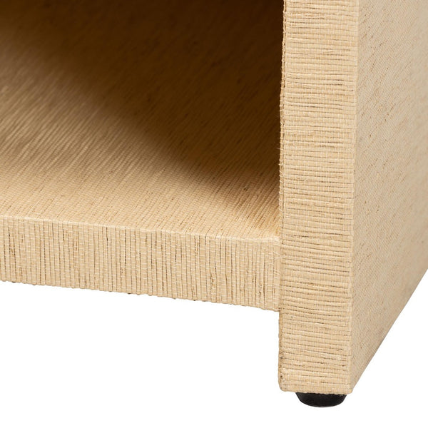 Baxton Studio bali William Grasscloth Nightstand - Coastal 1-Drawer Bedside Table with Gold Knob & Open Shelves William-Light Brown-Woven Grasscloth-NS