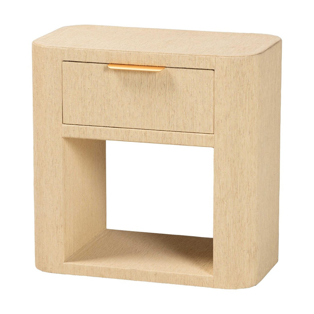 Baxton Studio bali Beauford Grasscloth Nightstand - Handwoven 1-Drawer Table with Open Shelf, Gold Handle Accent Beauford-Light Brown-Rounded Edge-NS