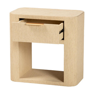 Baxton Studio bali Beauford Grasscloth Nightstand - Handwoven 1-Drawer Table with Open Shelf, Gold Handle Accent Beauford-Light Brown-Rounded Edge-NS