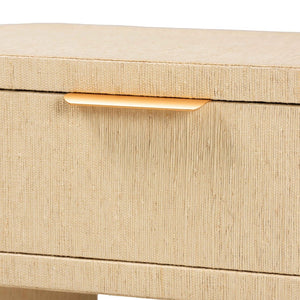 Baxton Studio bali Beauford Grasscloth Nightstand - Handwoven 1-Drawer Table with Open Shelf, Gold Handle Accent Beauford-Light Brown-Rounded Edge-NS