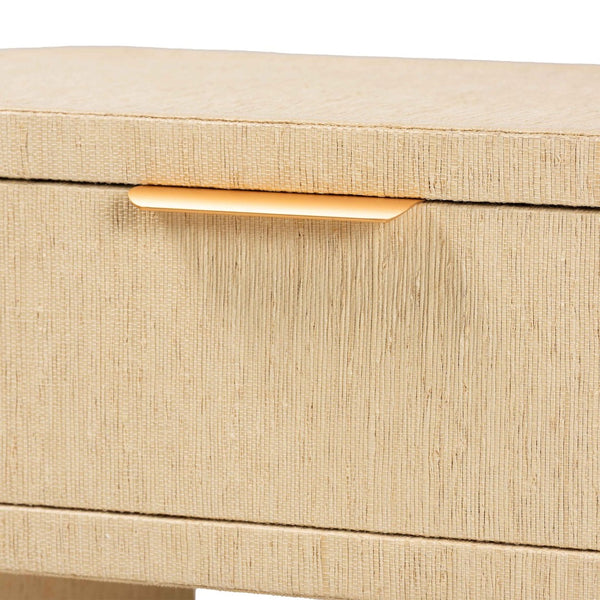 Baxton Studio bali Beauford Grasscloth Nightstand - Handwoven 1-Drawer Table with Open Shelf, Gold Handle Accent Beauford-Light Brown-Rounded Edge-NS