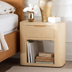 Baxton Studio bali Beauford Grasscloth Nightstand - Handwoven 1-Drawer Table with Open Shelf, Gold Handle Accent Beauford-Light Brown-Rounded Edge-NS