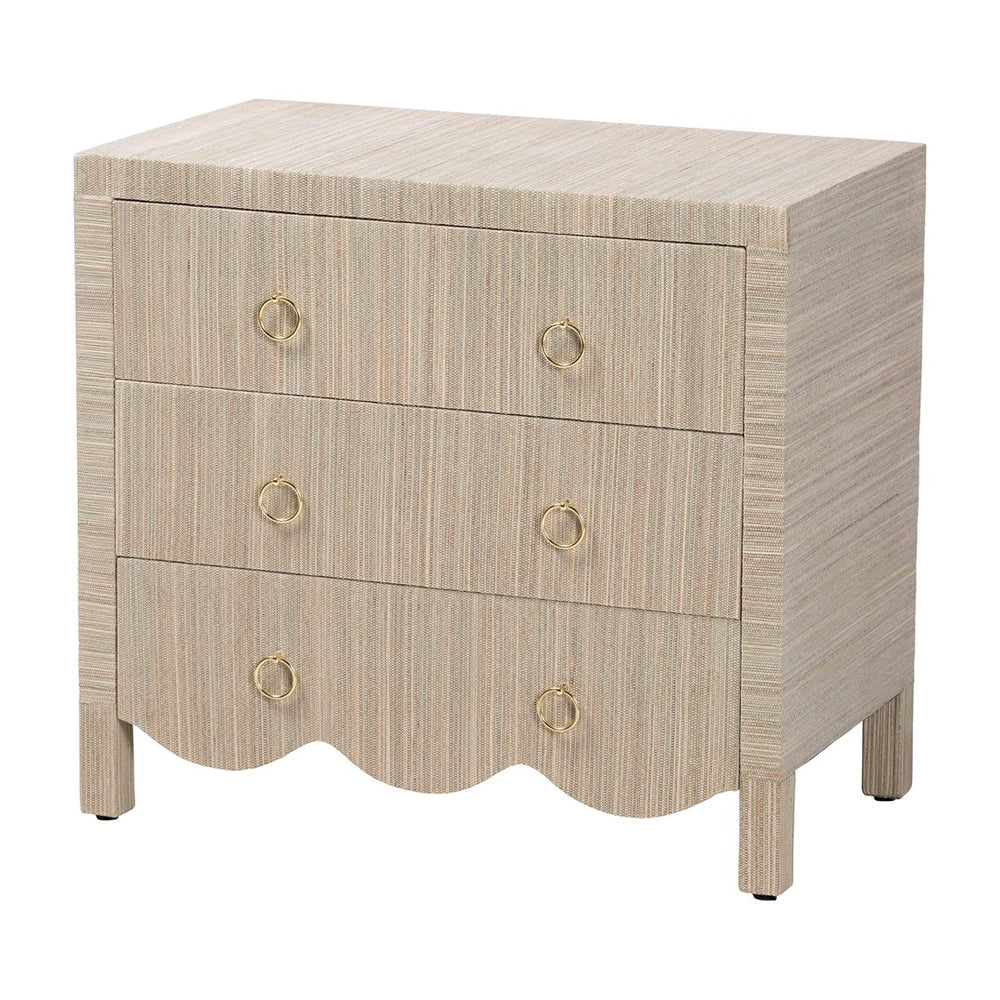 Baxton Studio bali Bali Umika Grasscloth Nightstand - Bohemian 3-Drawer Accent Chest with Gold Pulls for Bedroom Elegance Umika-Scalloped-Beige-Grasscloth-NS