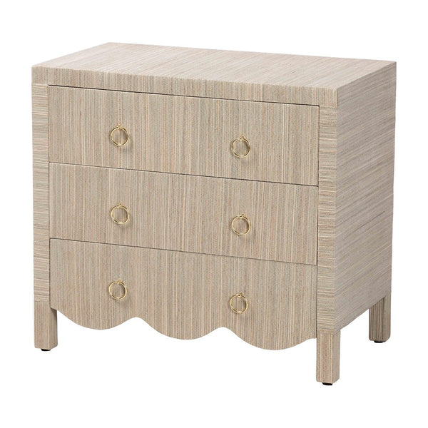 Baxton Studio bali Bali Umika Grasscloth Nightstand - Bohemian 3-Drawer Accent Chest with Gold Pulls for Bedroom Elegance Umika-Scalloped-Beige-Grasscloth-NS