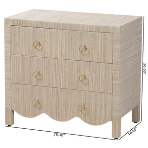 Baxton Studio bali Bali Umika Grasscloth Nightstand - Bohemian 3-Drawer Accent Chest with Gold Pulls for Bedroom Elegance Umika-Scalloped-Beige-Grasscloth-NS