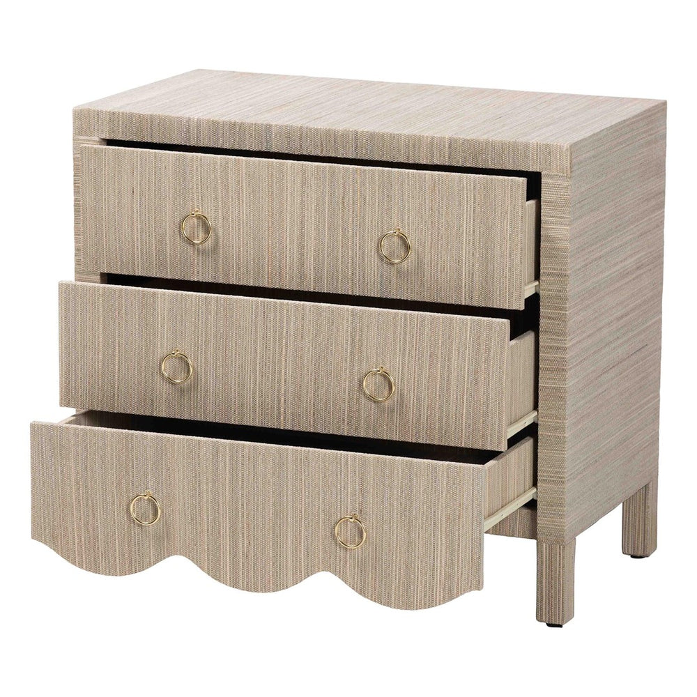 Baxton Studio bali Bali Umika Grasscloth Nightstand - Bohemian 3-Drawer Accent Chest with Gold Pulls for Bedroom Elegance Umika-Scalloped-Beige-Grasscloth-NS